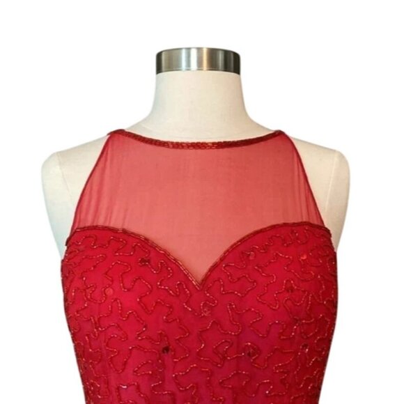Andretta Donatello Red Gown XS Slit Mesh Beaded Detail Drama Glam Prom Pageant - Picture 4 of 10